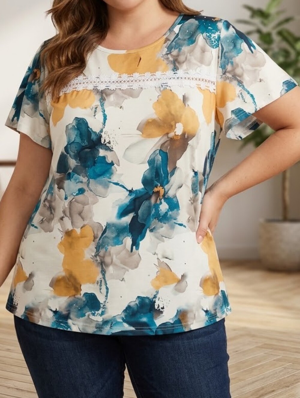 WIHOLL Women's XL Multicolor Floral Knit T-Shirt Lace Accent Round Neck Stretch